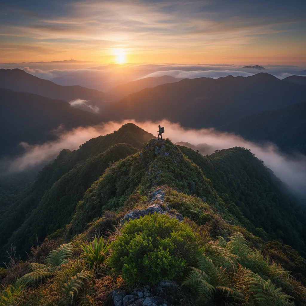 Hiker overlooking a vast New Zealand nature sanctuary rainforest