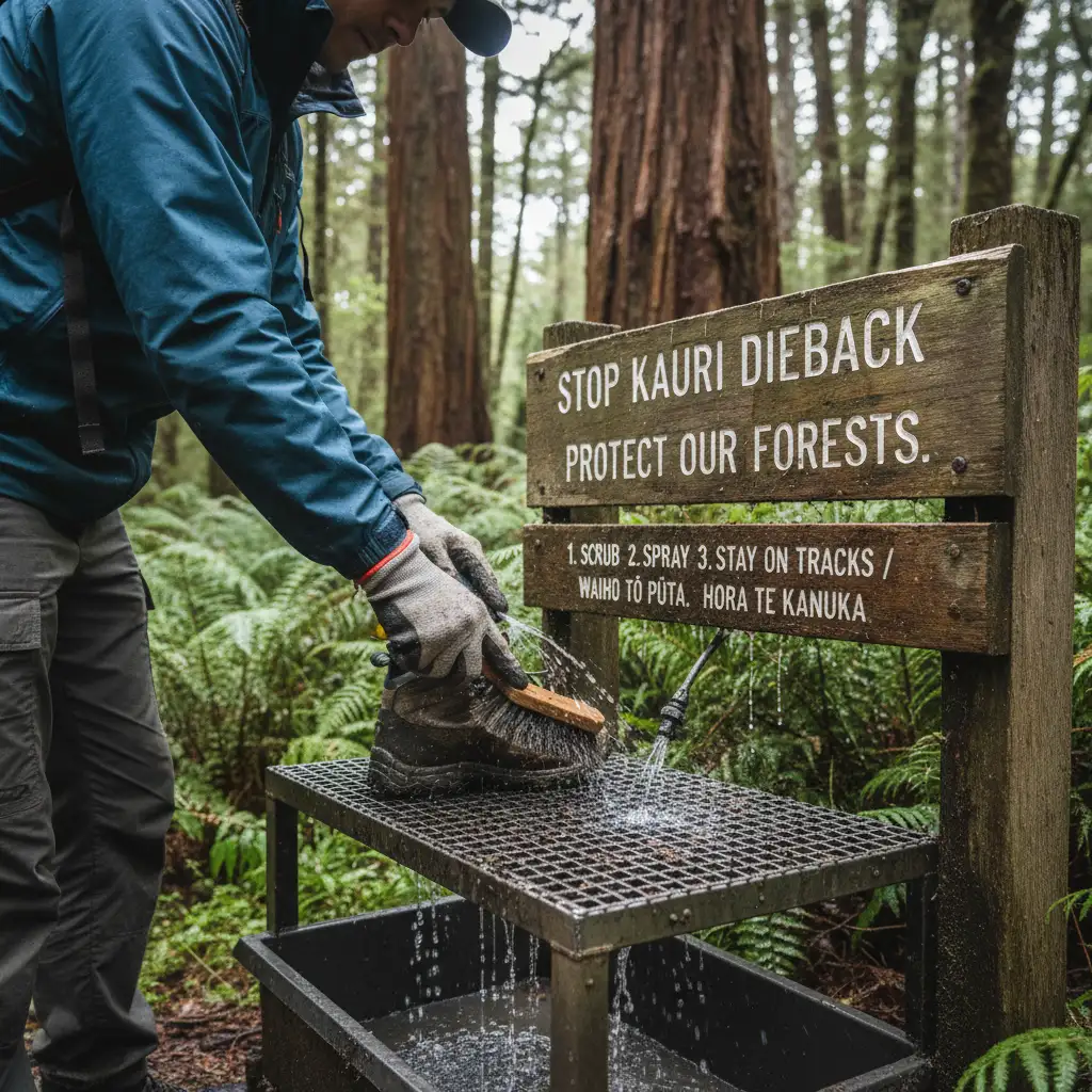 Hiker using biosecurity cleaning station at New Zealand nature sanctuary