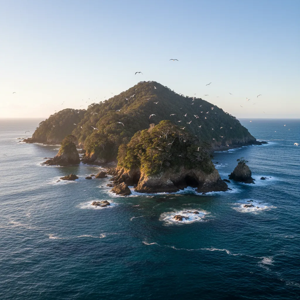 Aerial view of a predator-free offshore island in New Zealand