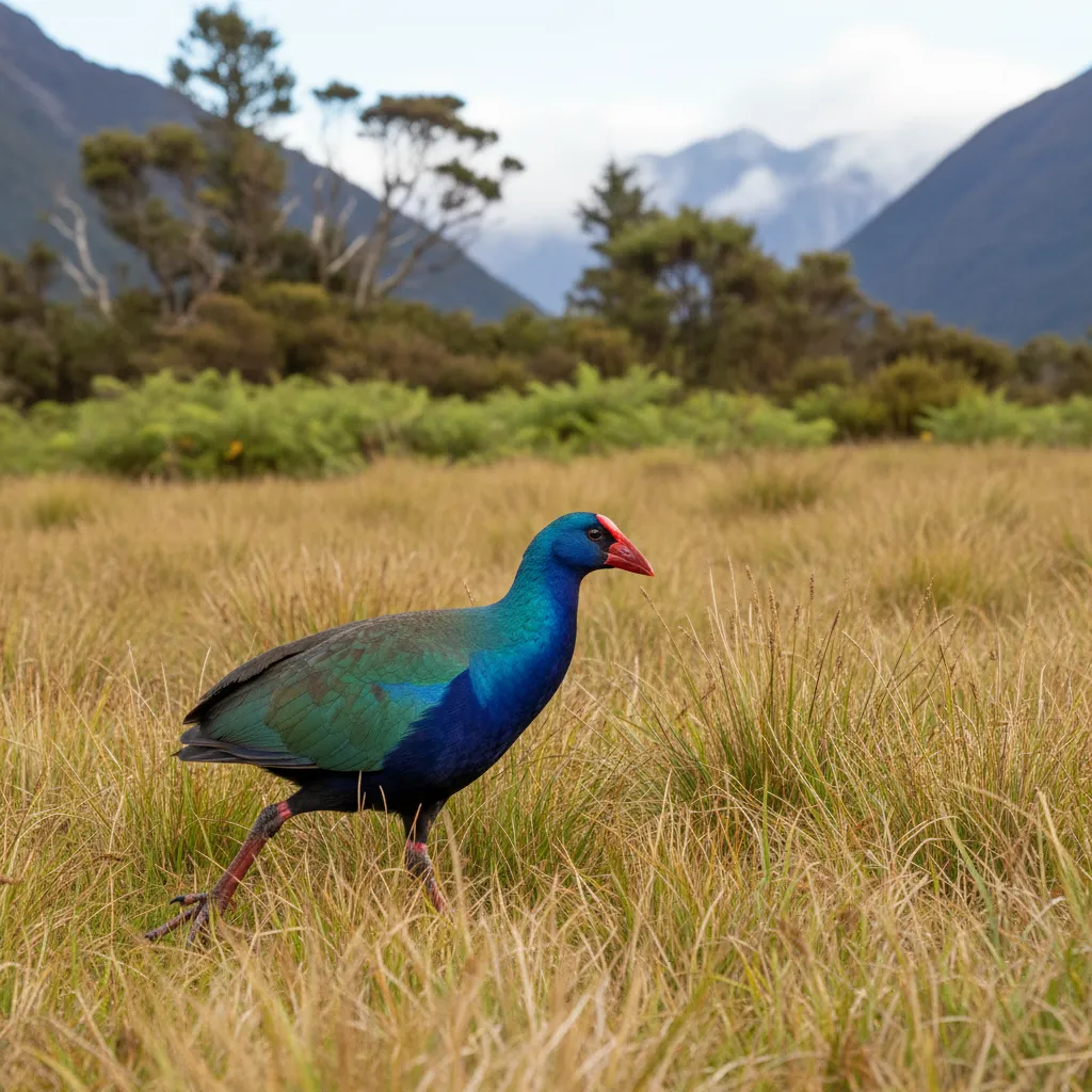 Rare Takahē bird foraging in a wildlife sanctuary