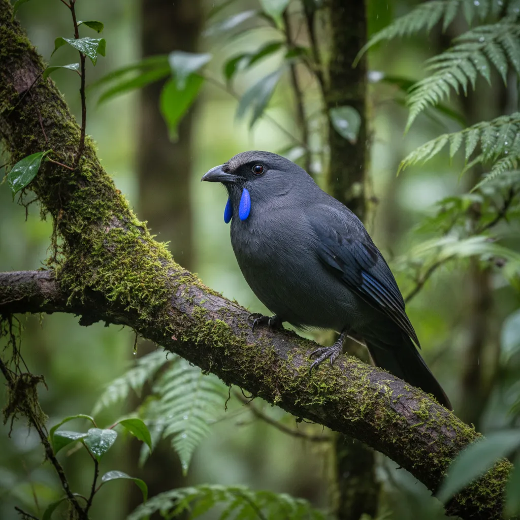 North Island Kokako with blue wattles on Tiritiri Matangi Island