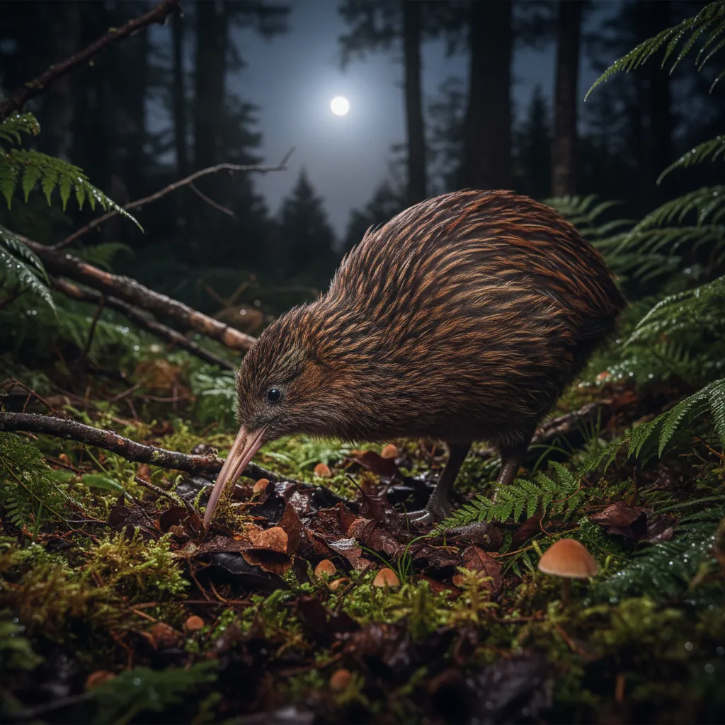 Rare Haast Tokoeka Kiwi foraging in the undergrowth