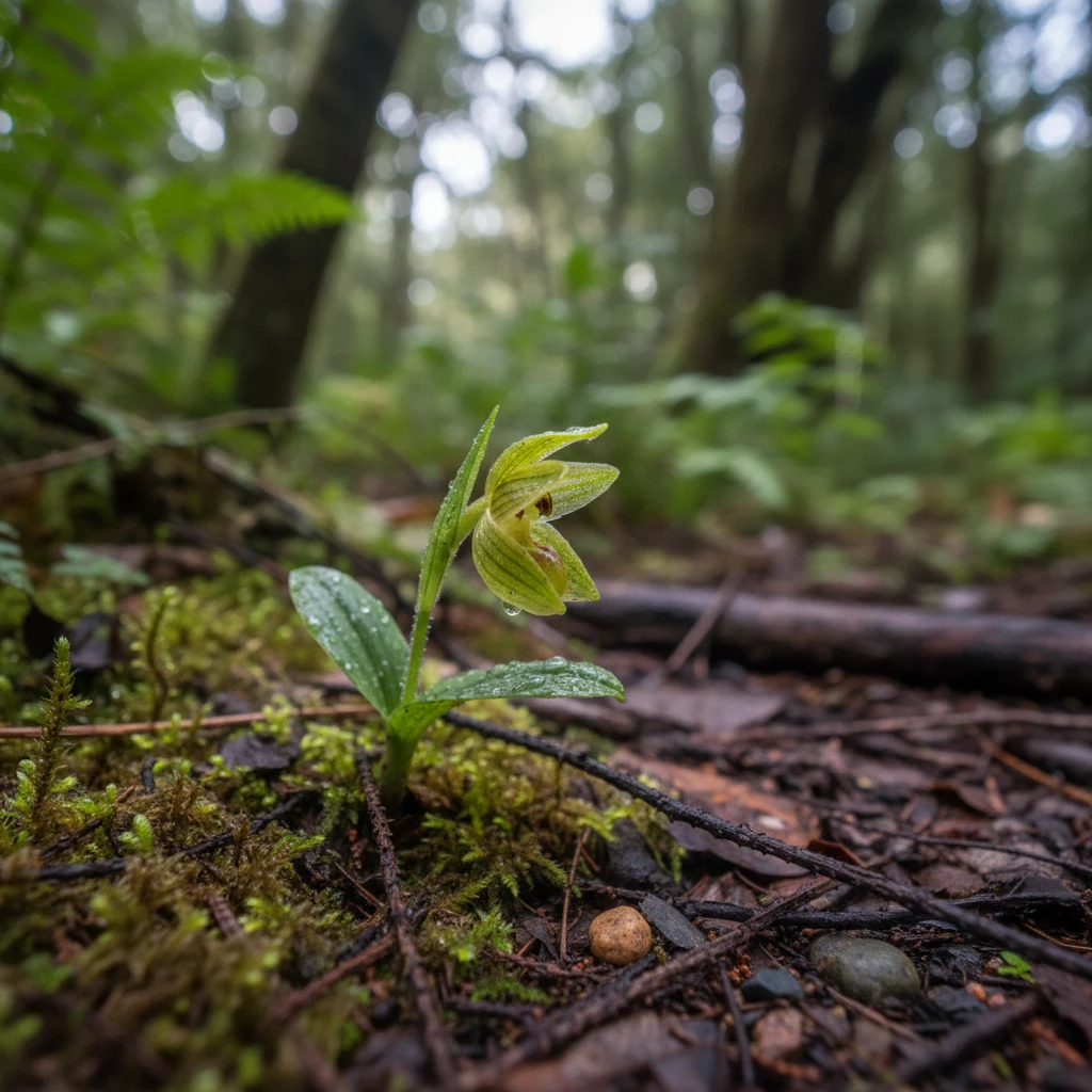 Greenhood Orchid on Ulva Island forest floor