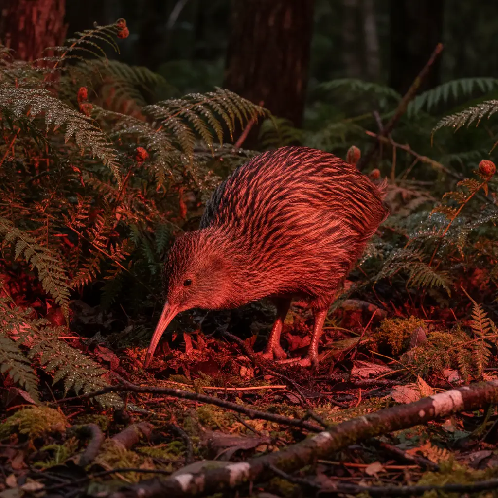 North Island Brown Kiwi foraging in Northland native bush