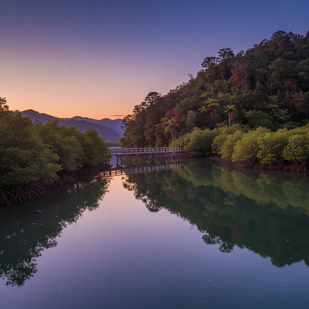 Aroha Island Ecological Center landscape at dusk