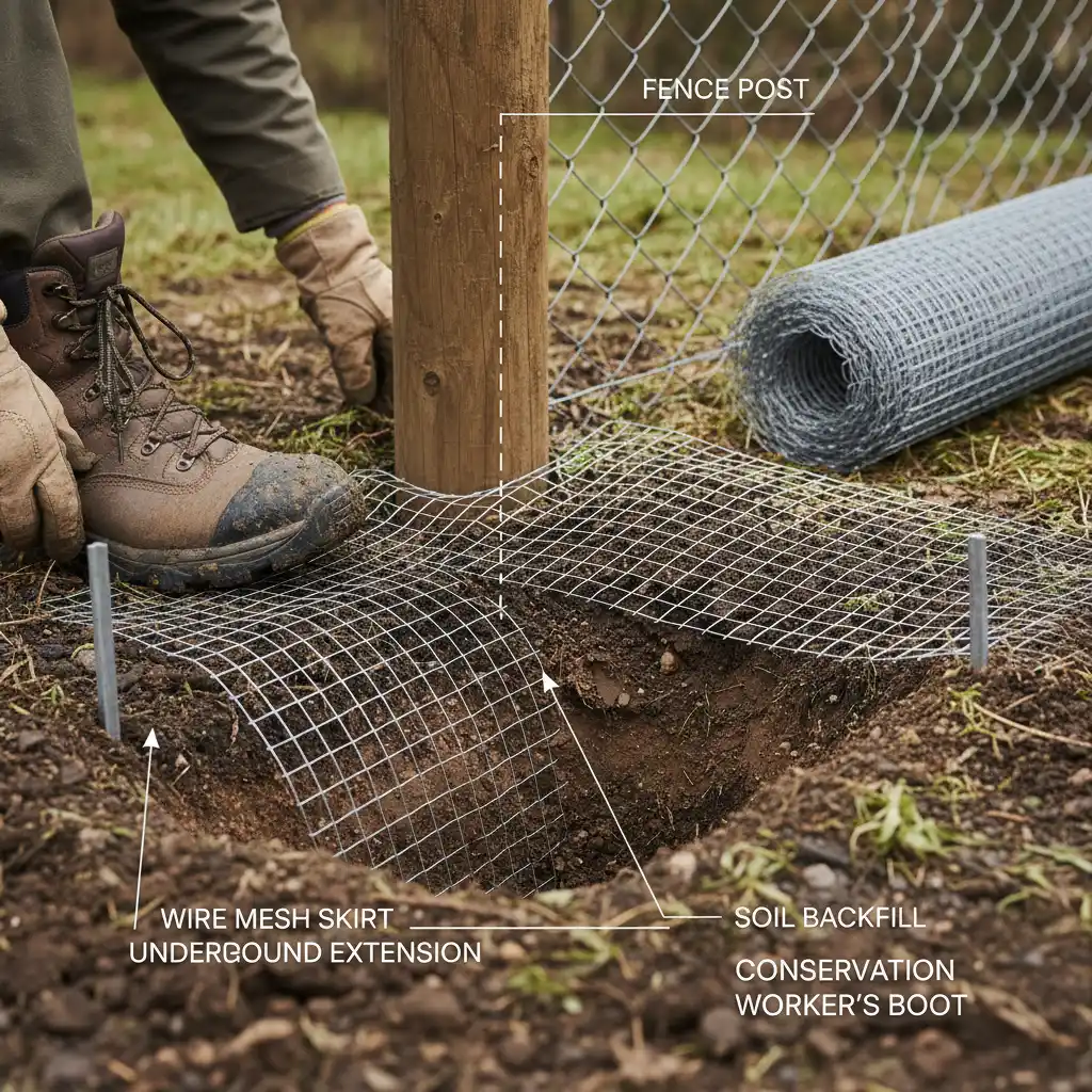 Installation of underground fence skirt to prevent burrowing