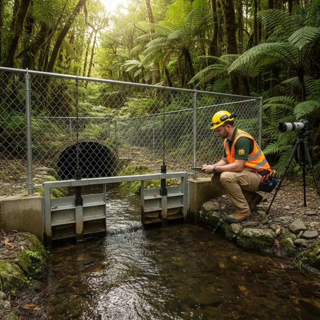 Ranger inspecting water gate culvert system