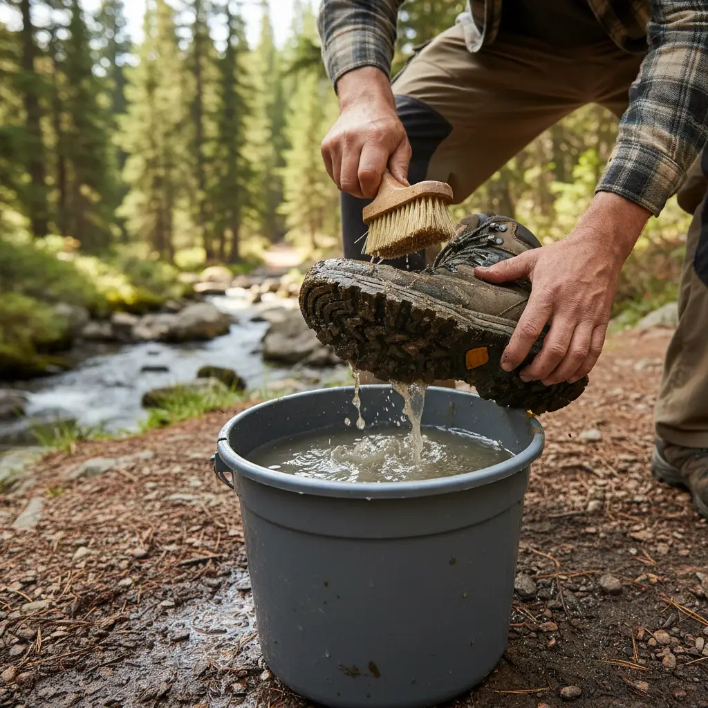 Hiker cleaning boots to remove soil and seeds before visiting a sanctuary