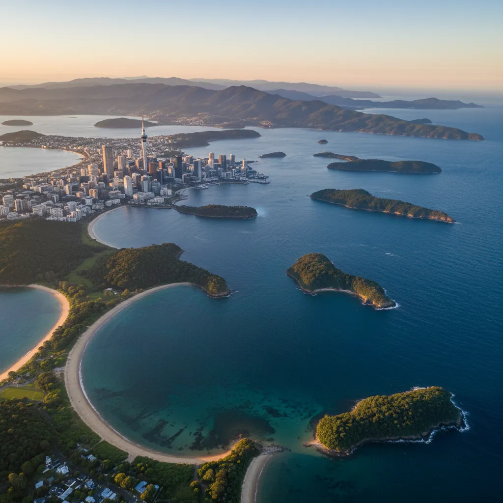 Aerial view of the Hauraki Gulf Marine Park showing islands and coastline