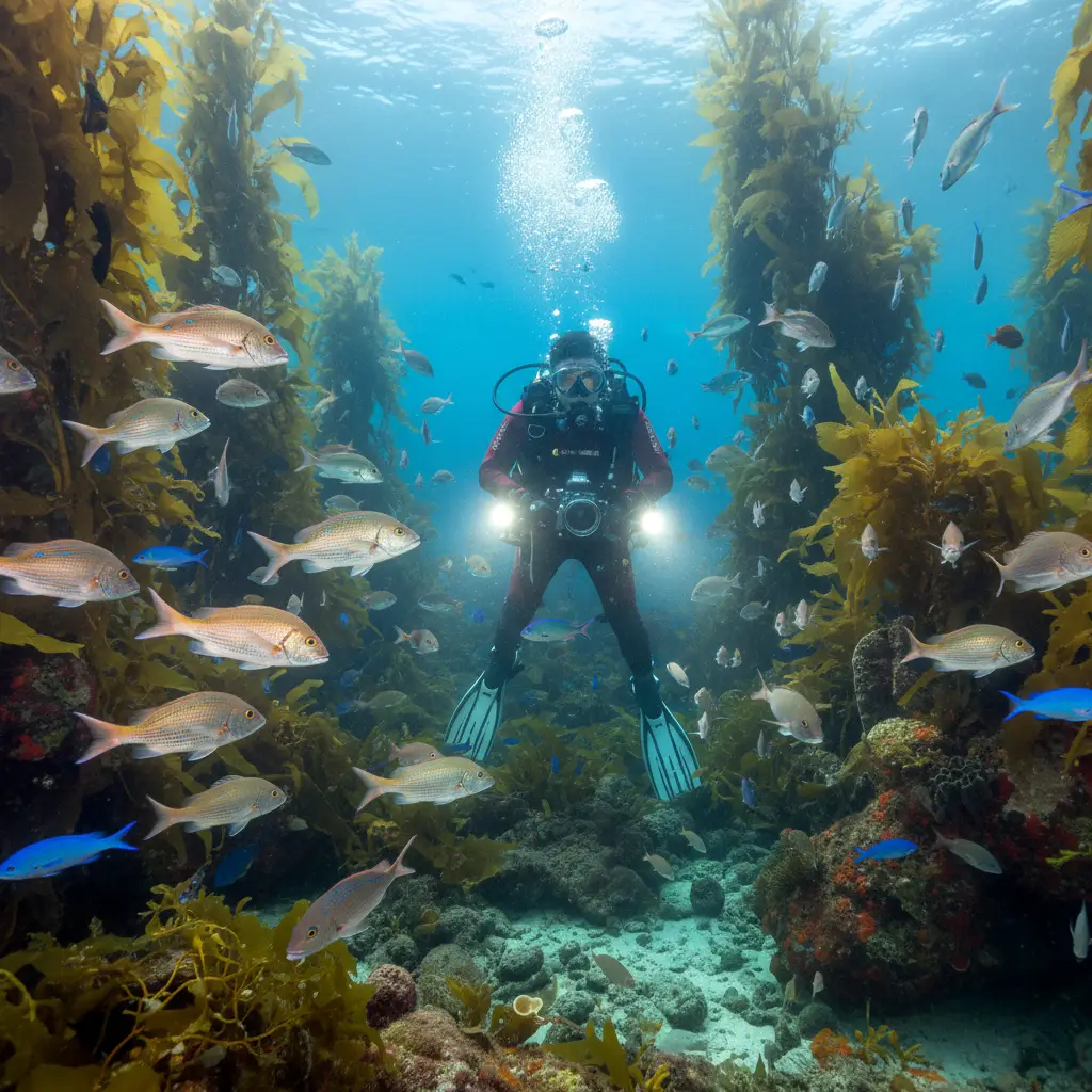 Diver in a kelp forest within a Hauraki Gulf marine reserve
