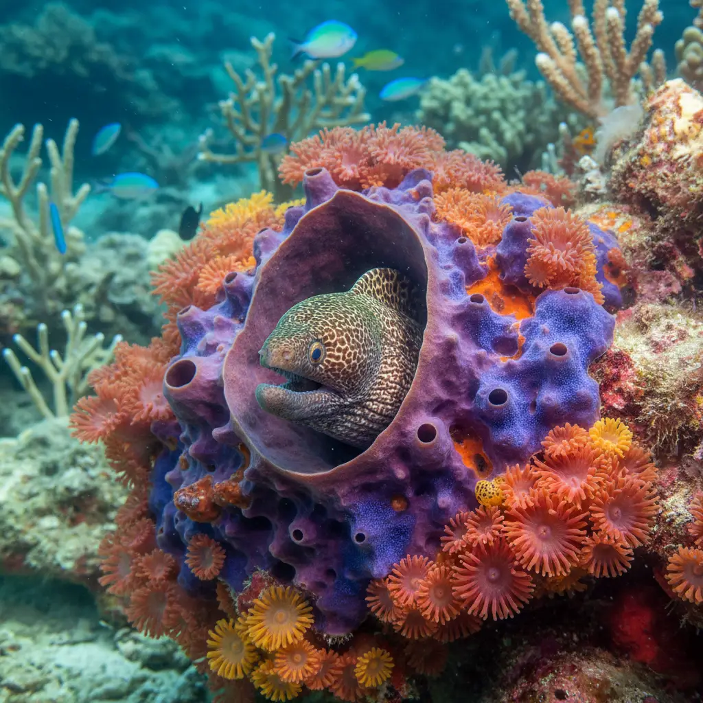 Mosaic Moray Eel in a sponge garden at Poor Knights
