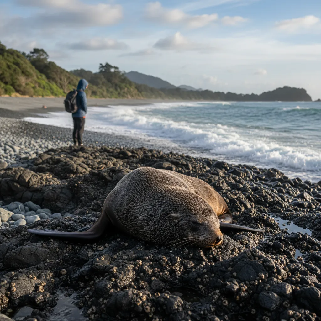 Tourist maintaining 20 meter distance from New Zealand Fur Seal