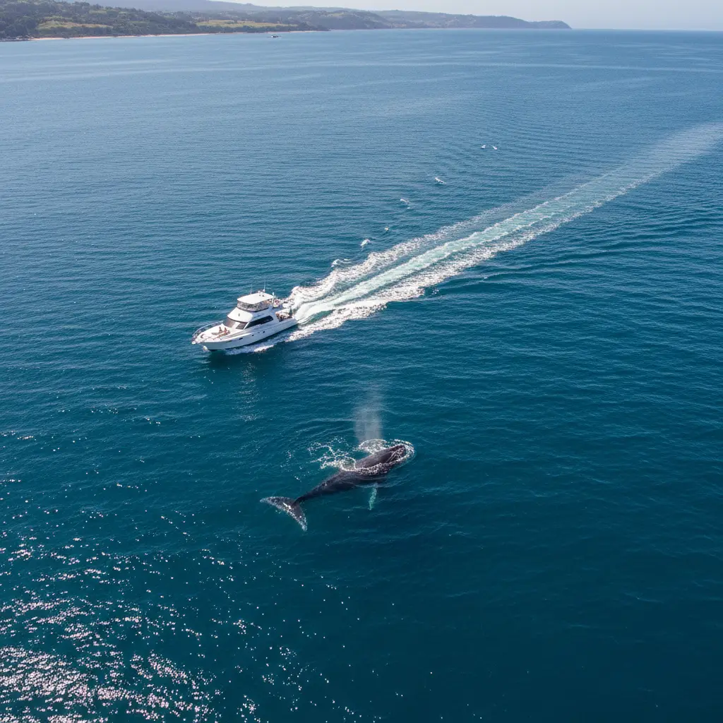 Boat maintaining safe distance from whale in New Zealand waters