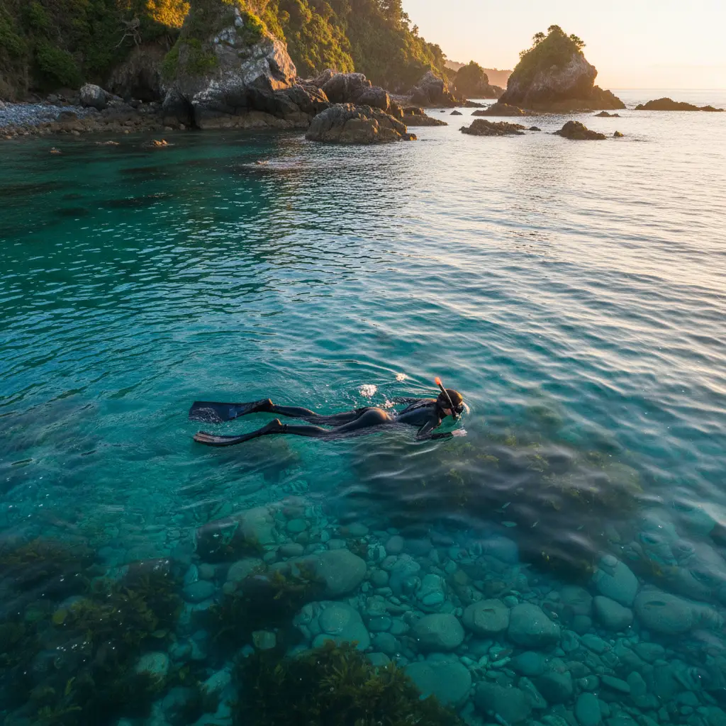 Snorkeler floating safely in New Zealand coastal waters