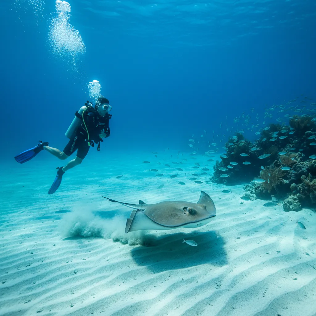 Snorkeler observing a stingray without interfering