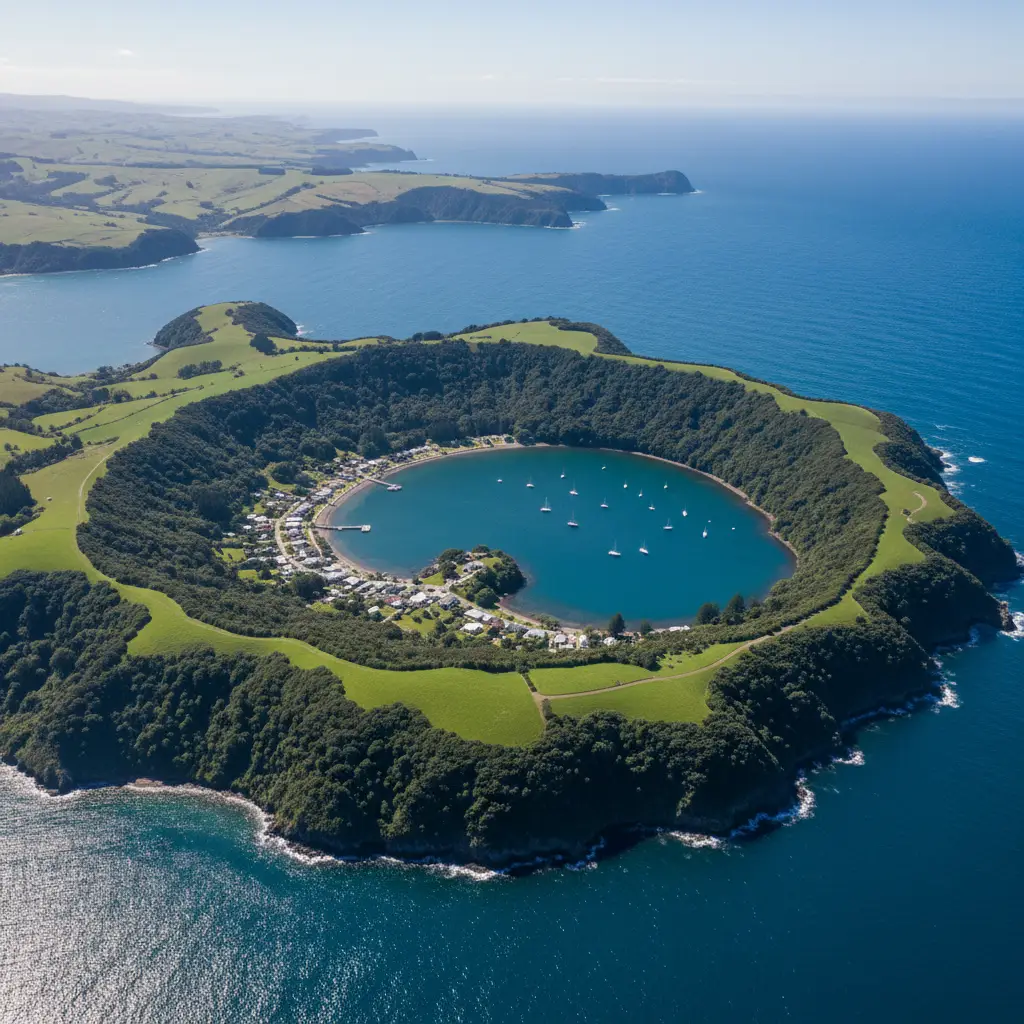 Aerial view of Banks Peninsula conservation areas and Akaroa Harbour