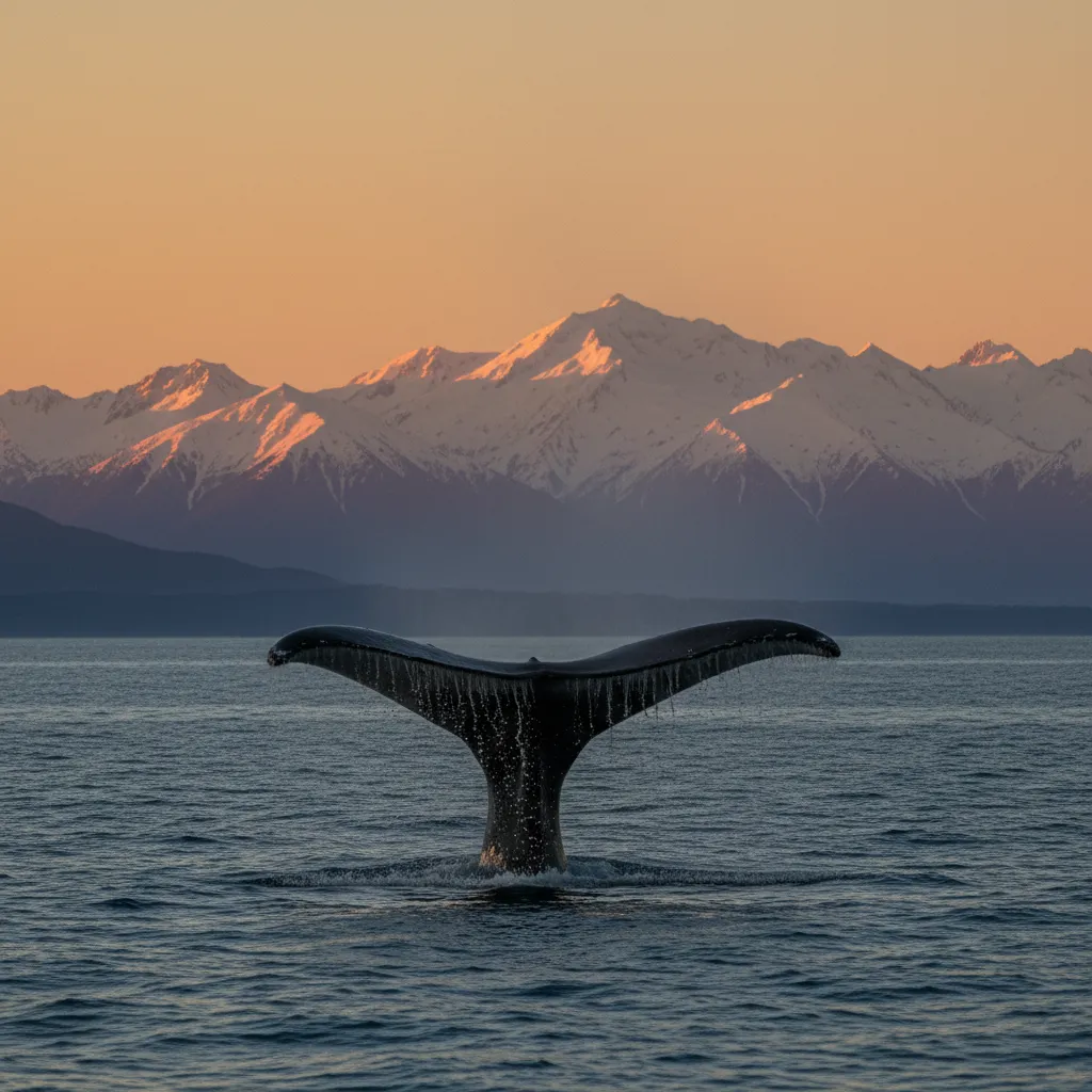Sperm Whale diving with Kaikoura mountains in background