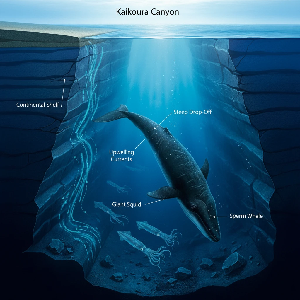 Diagram of Kaikoura Canyon bathymetry and upwelling