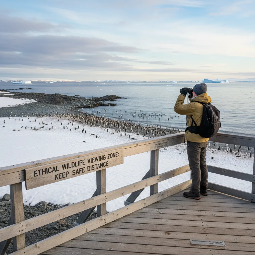 Tourist using binoculars to view penguins from a distance