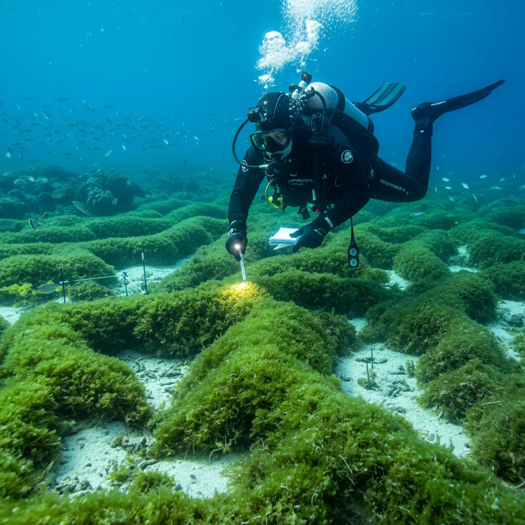 Diver inspecting invasive Caulerpa seaweed on the ocean floor