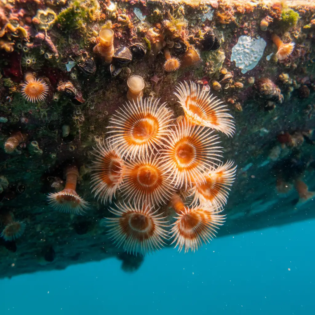Mediterranean fanworm cluster on a vessel hull