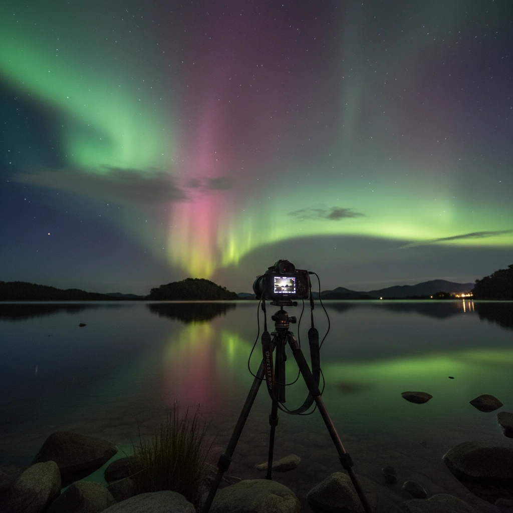 Astrophotography setup capturing Aurora Australis in New Zealand