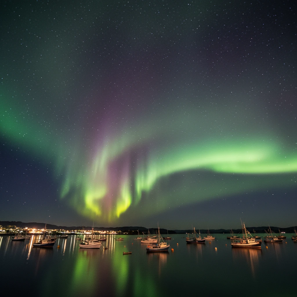 Aurora Australis glowing over Halfmoon Bay