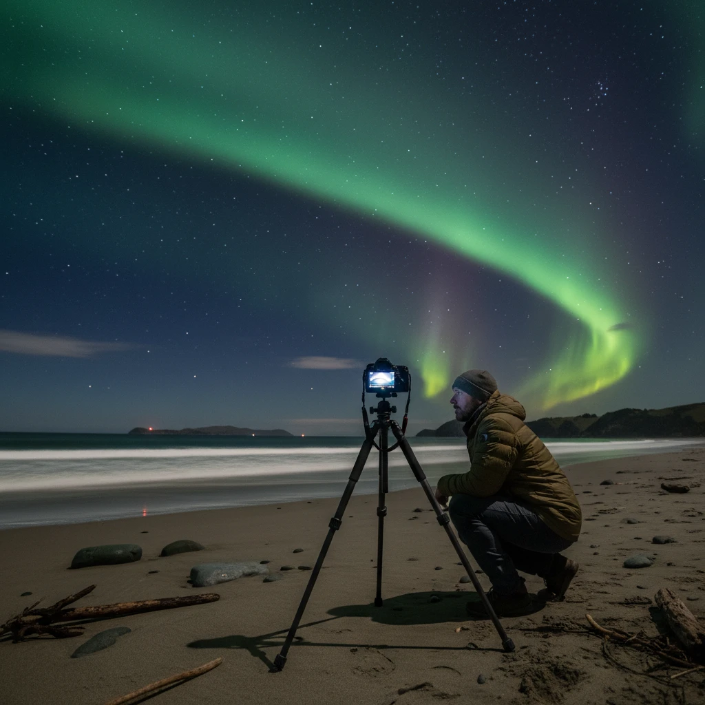 Astrophotography setup on Stewart Island beach