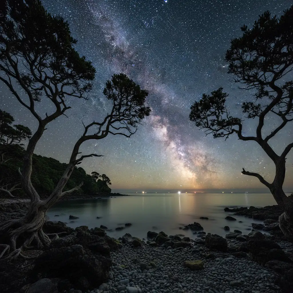 Milky Way galaxy visible over Great Barrier Island coastline