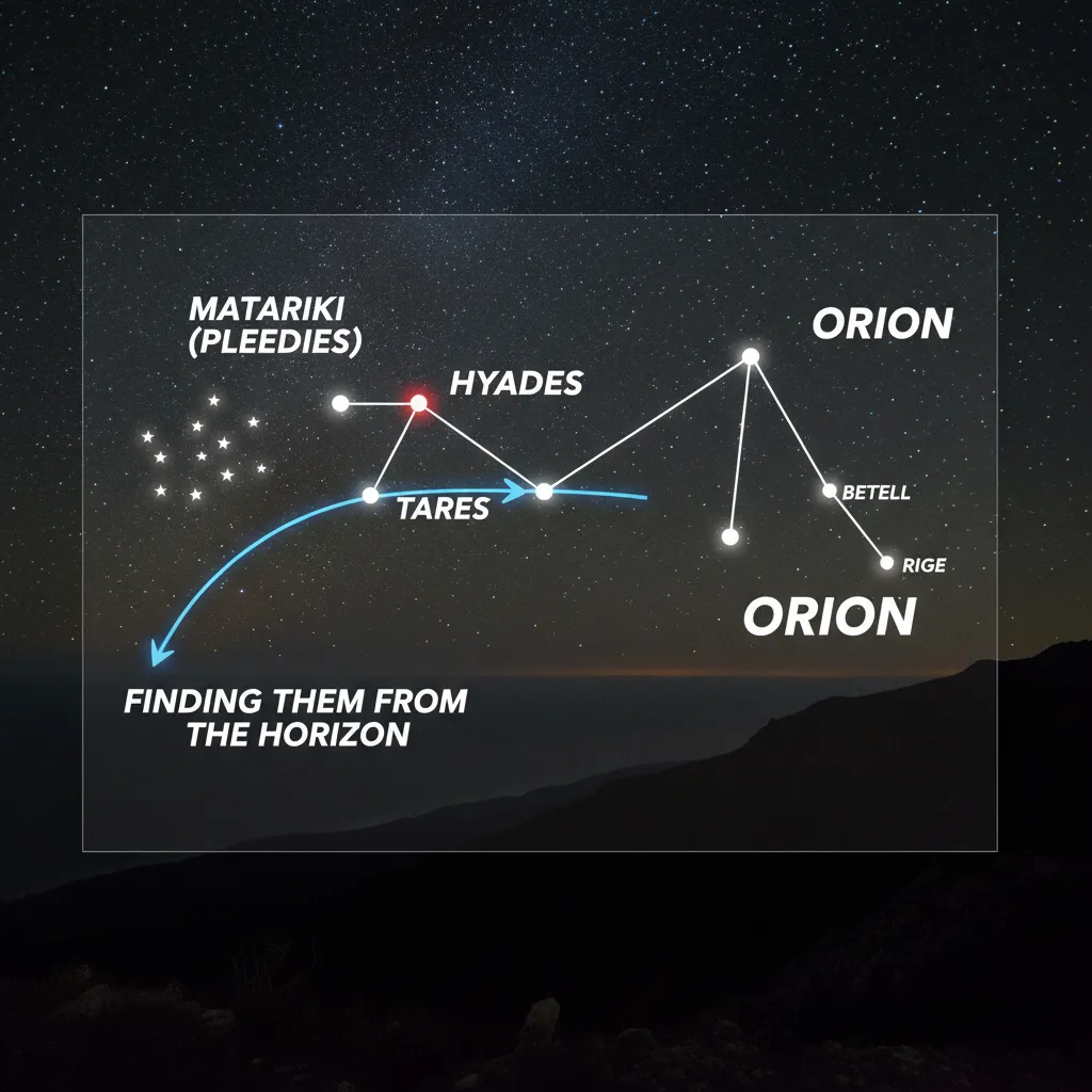 Diagram showing how to find Matariki using Orion's Belt