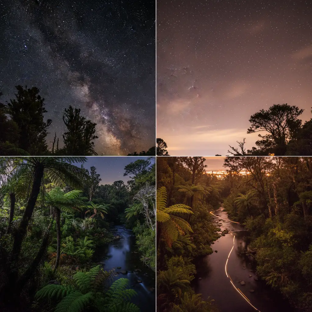 Comparison of a natural dark sky versus a light-polluted landscape in New Zealand