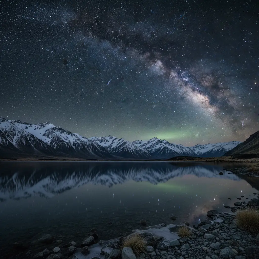 Milky Way arching over New Zealand Southern Alps in winter