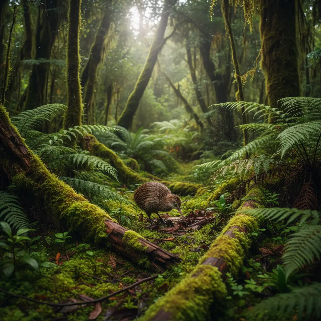 New Zealand native forest with Kiwi bird