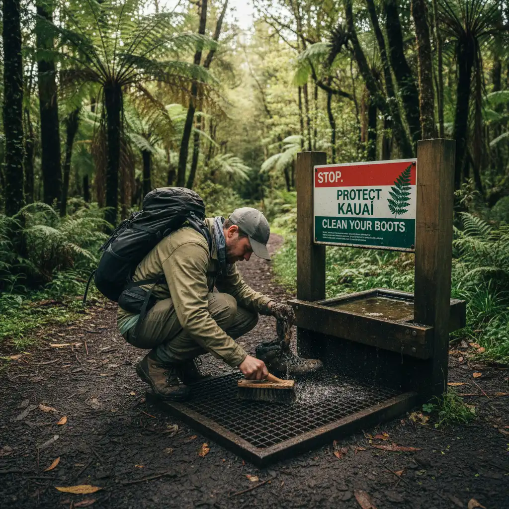 Hiker using biosecurity cleaning station