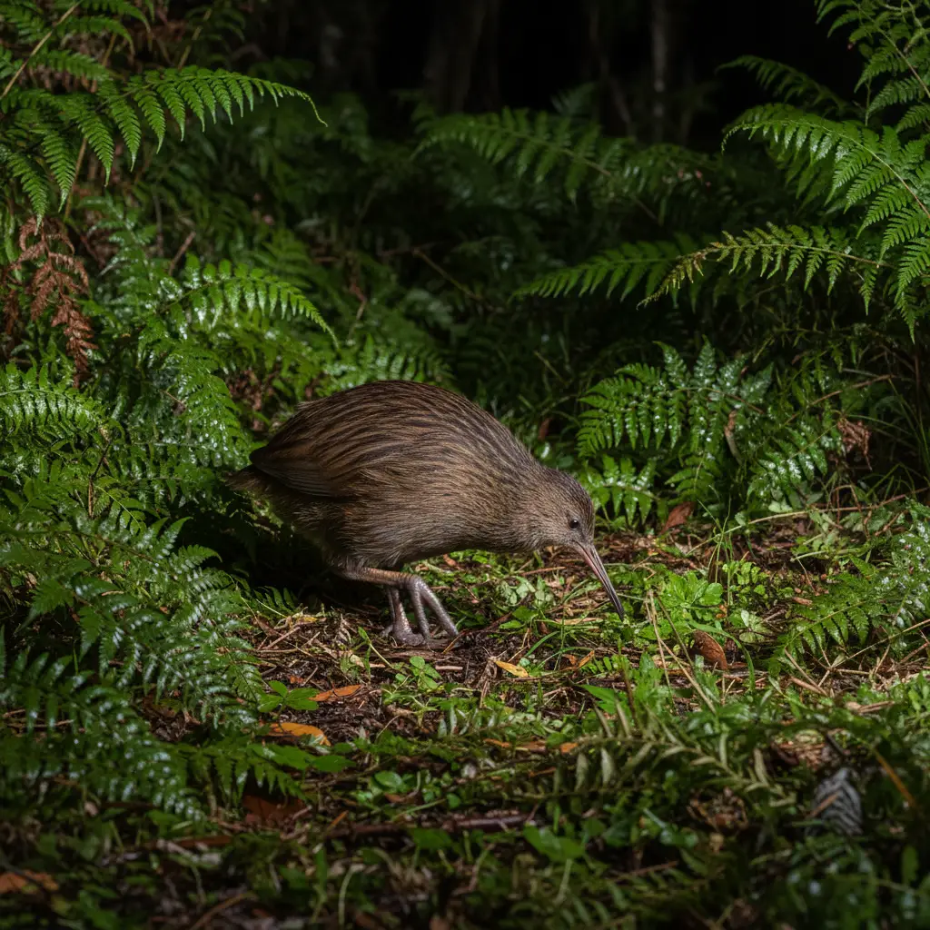 A native North Island Brown Kiwi foraging in the bush