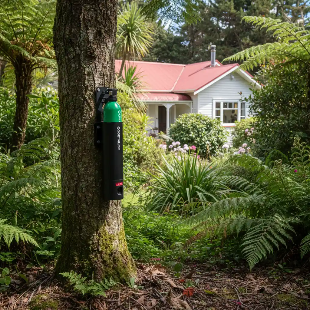 A Goodnature A24 trap installed in a backyard