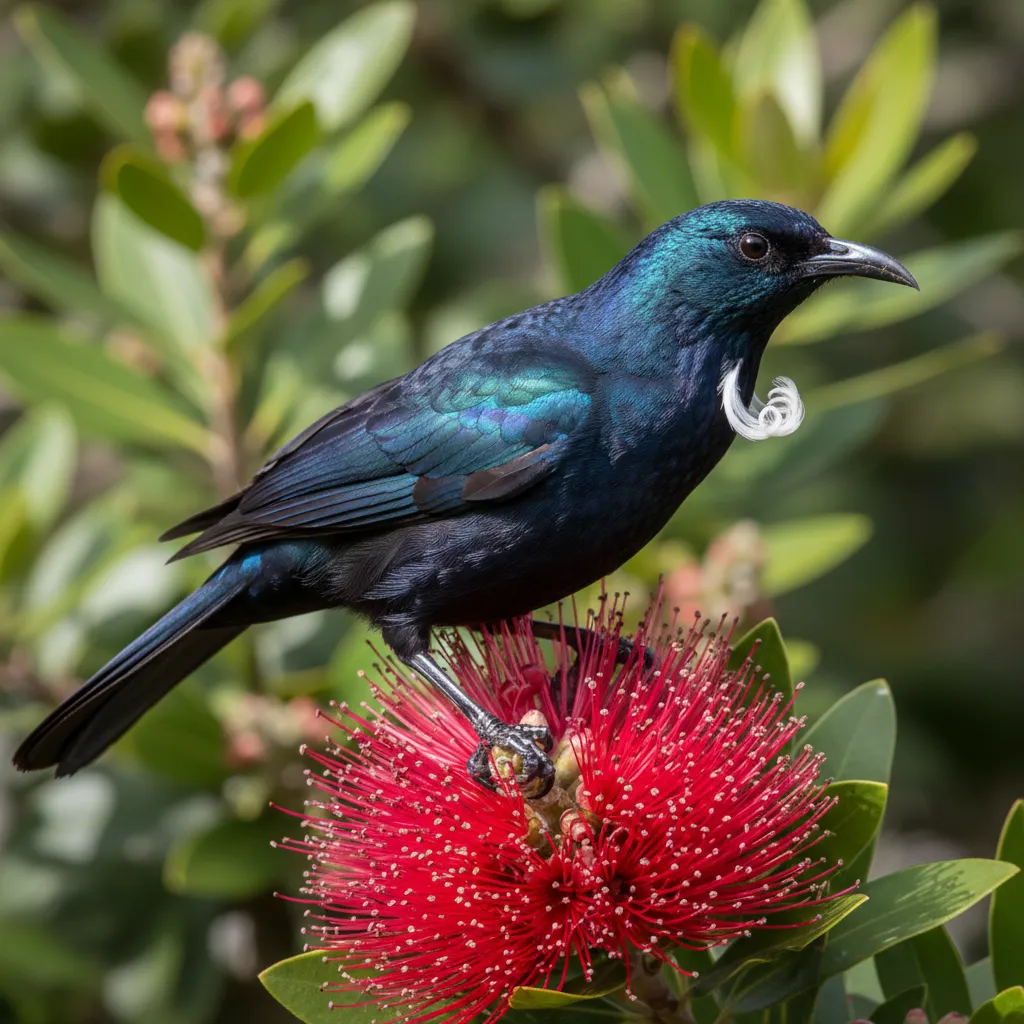 Tui bird feeding on nectar in a New Zealand forest