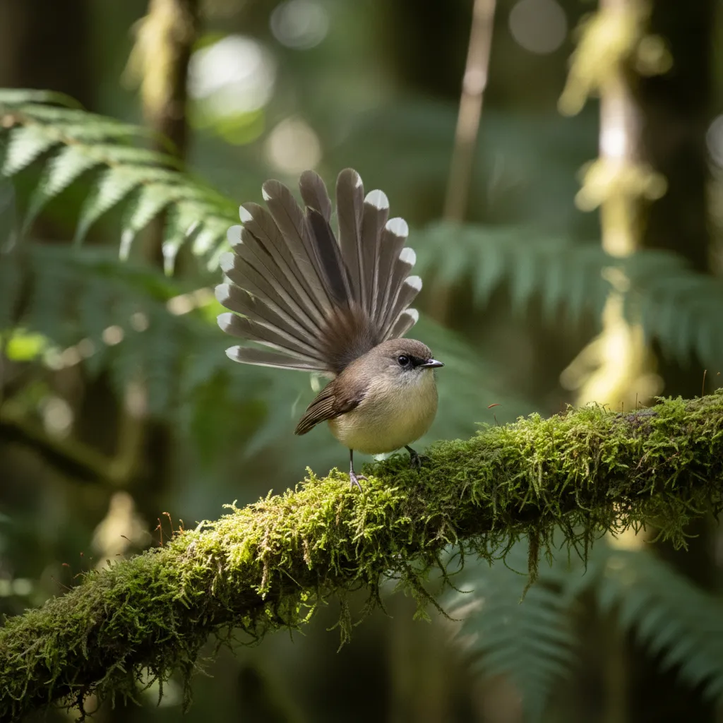 Fantail bird displaying fanned tail in native bush