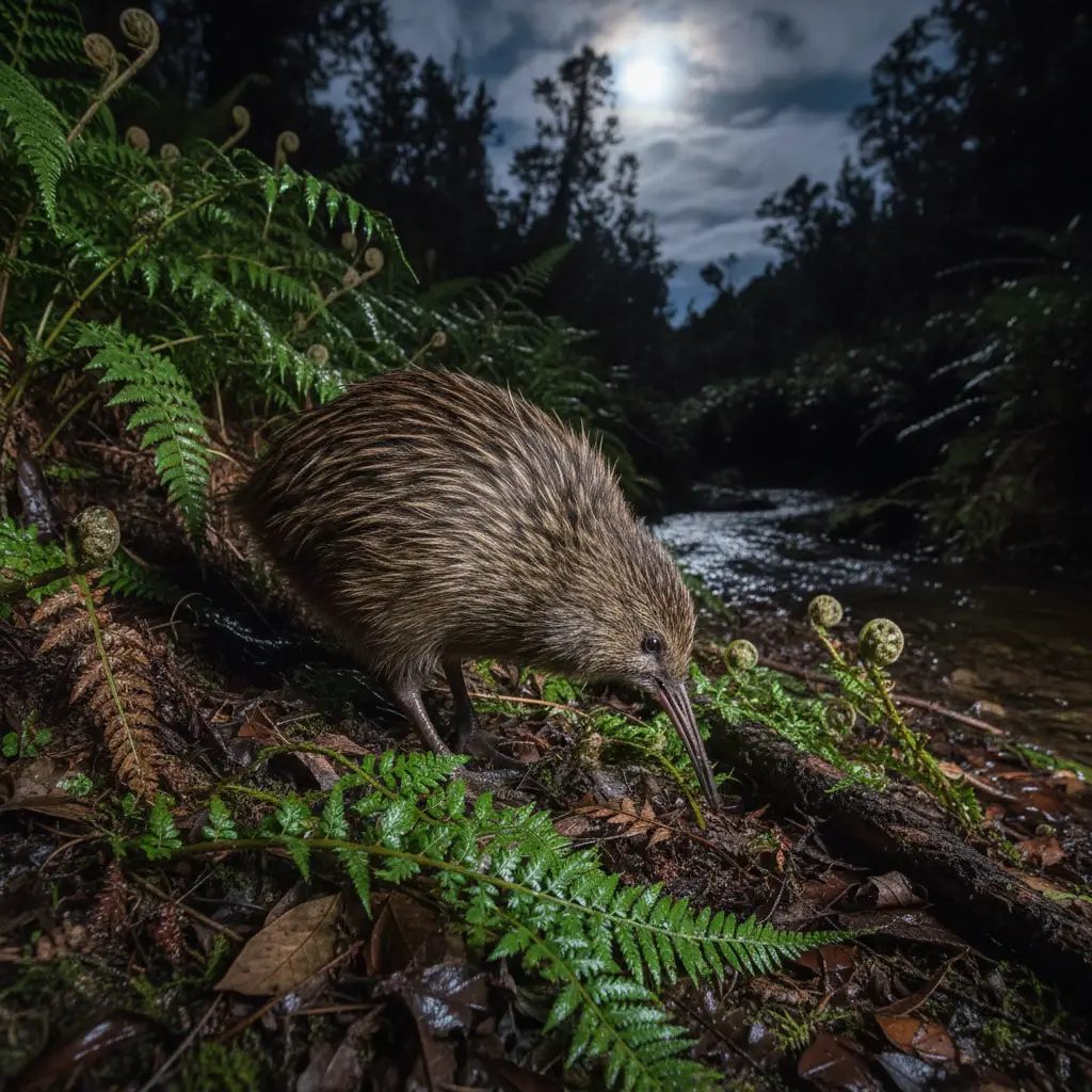 North Island Brown Kiwi foraging at night