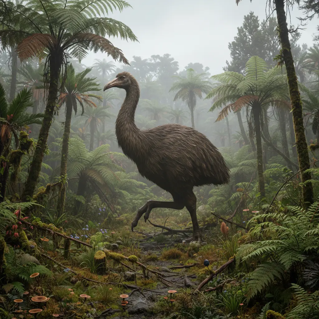 Prehistoric New Zealand landscape with Moa