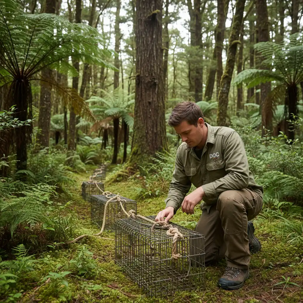 Conservation worker checking predator trap