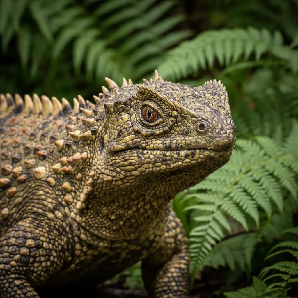Close up of a Tuatara showing its spiny back crest