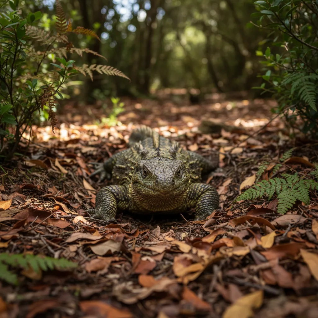 Tuatara emerging from its burrow in a New Zealand forest