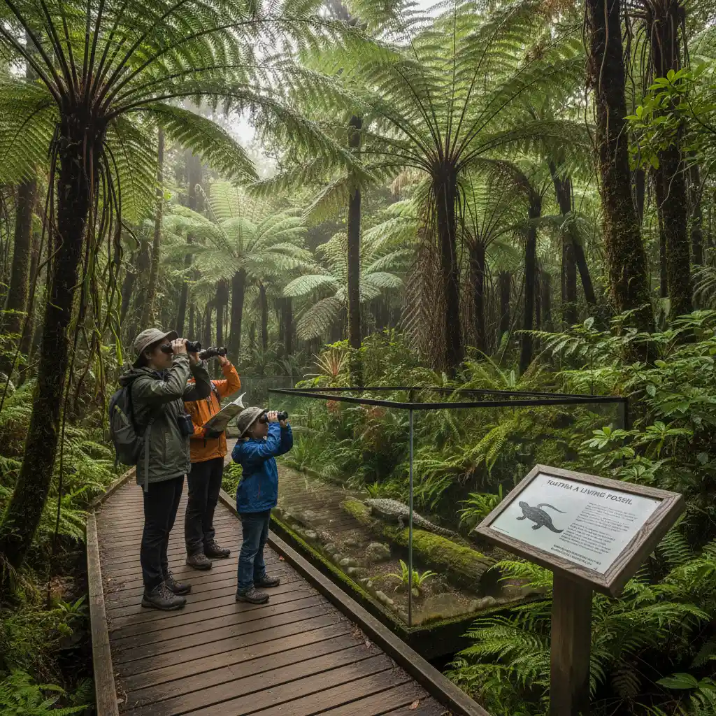 Eco-tourists observing tuatara at a New Zealand sanctuary