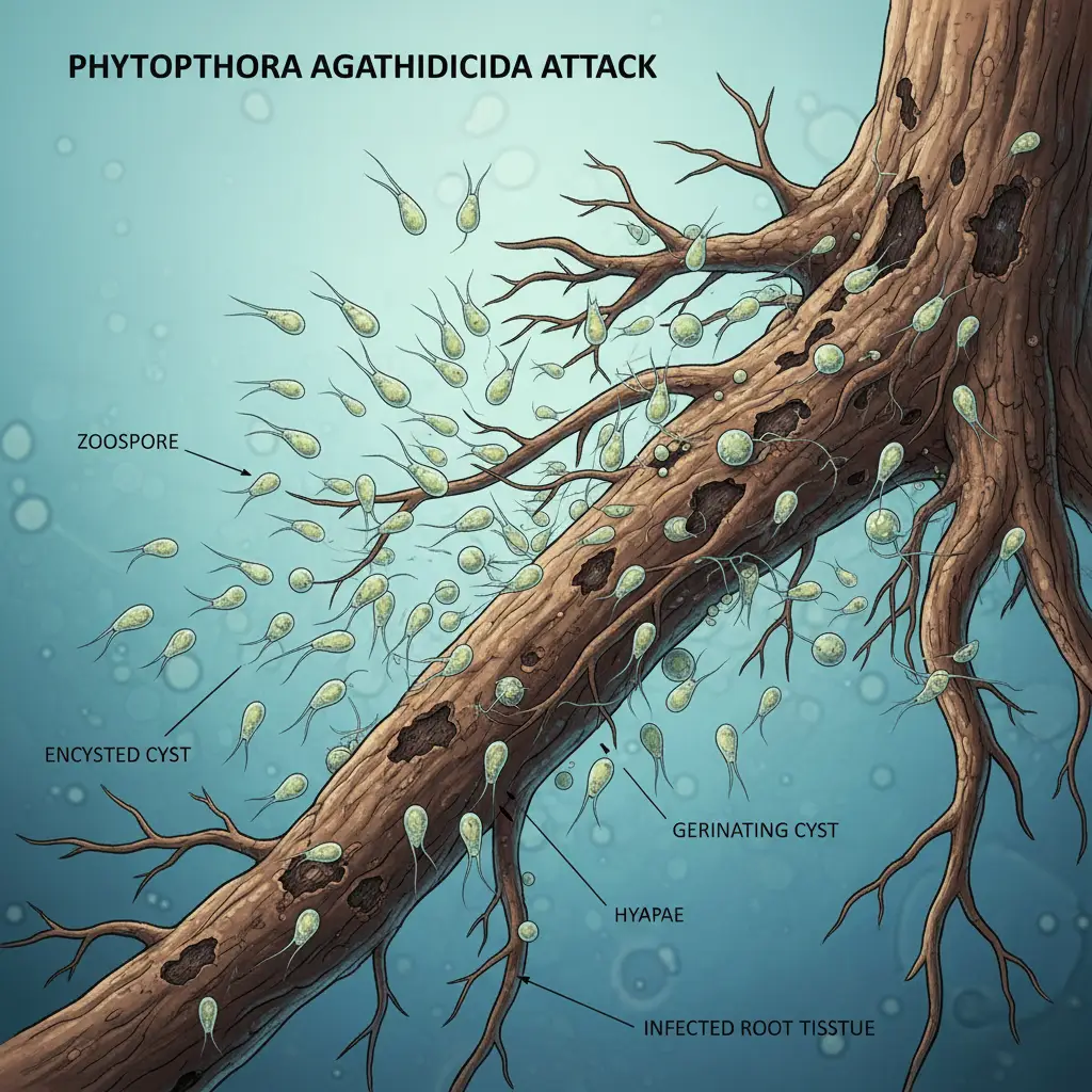 Microscopic illustration of Kauri Dieback spores attacking roots