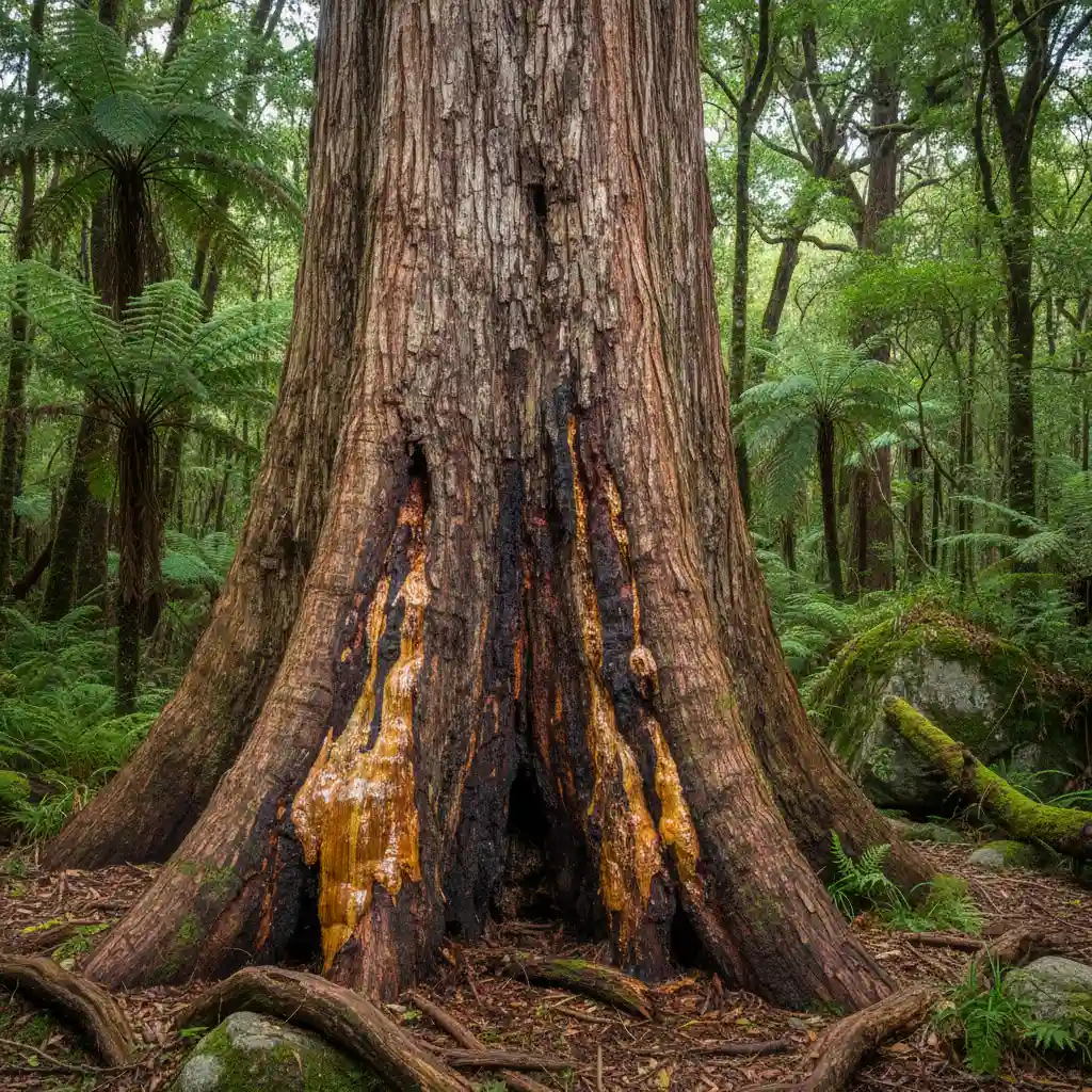 Kauri tree trunk showing classic bleeding gum symptoms