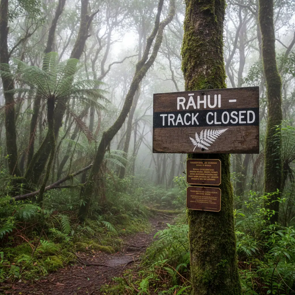 Rāhui sign closing a track in the Waitakere Ranges