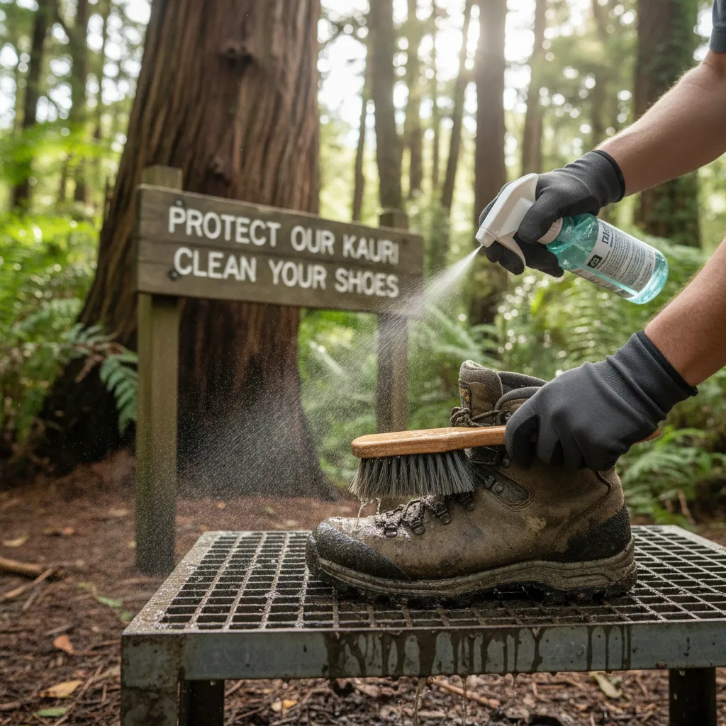 Hiker using a biosecurity cleaning station