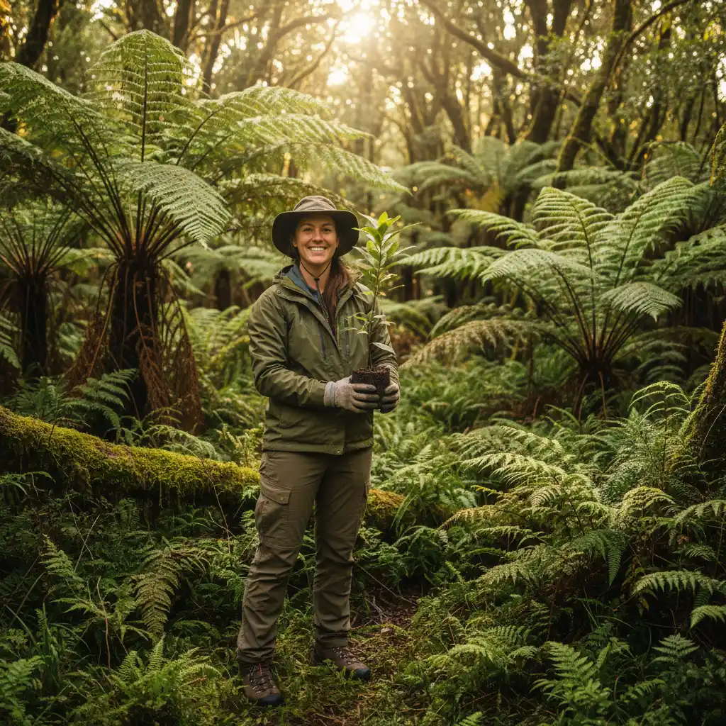 Volunteer holding a native seedling in a New Zealand forest
