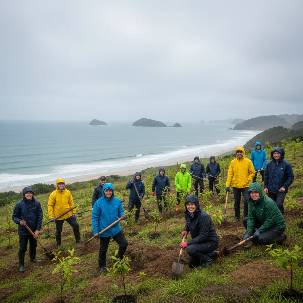 Group of volunteers planting native trees on a coastal hillside